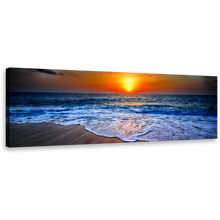 Load image into Gallery viewer, Ocean Beaches Canvas Wall Art, Blue Seascape on Dusk Panoramic Canvas Print, Orange Ocean Sand Sunset View Wide Canvas
