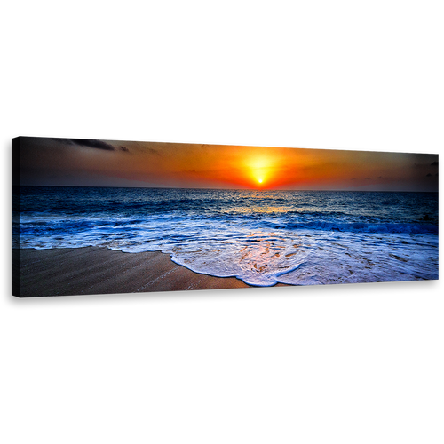 Ocean Beaches Canvas Wall Art, Blue Seascape on Dusk Panoramic Canvas Print, Orange Ocean Sand Sunset View Wide Canvas