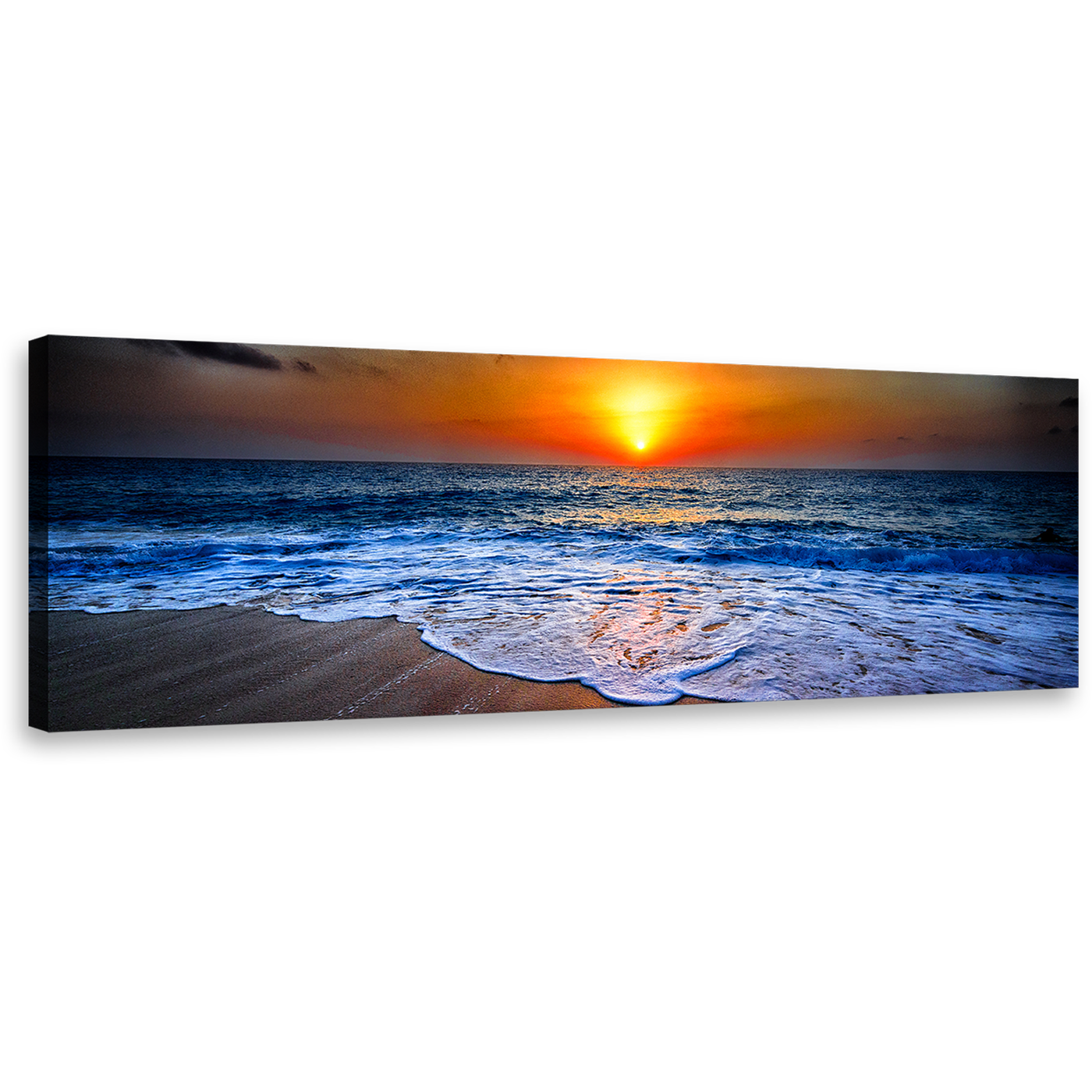 Ocean Beaches Canvas Wall Art, Blue Seascape on Dusk Panoramic Canvas Print, Orange Ocean Sand Sunset View Wide Canvas