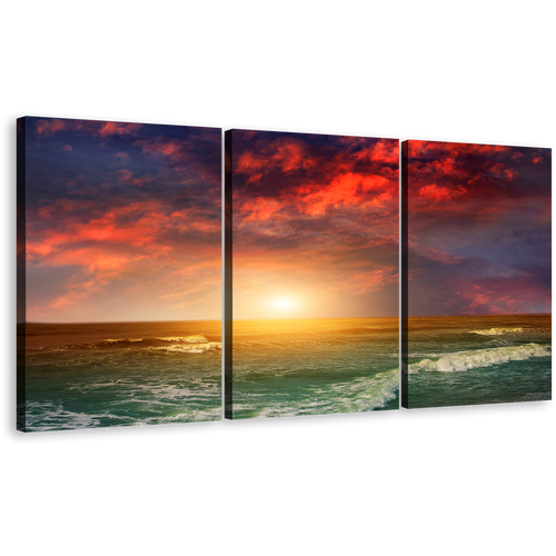 Ocean Beaches Wall Art, Amazing Blue Beach Scene 3 Piece Canvas Print, Indian Ocean Seascape Orange Sunset Multiple Canvas