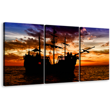 Load image into Gallery viewer, Ocean Boat Wall Art, Pirate Ship Orange Sunset 3 Piece Canvas Print, Amazing Black Boat Triptych Multi Canvas
