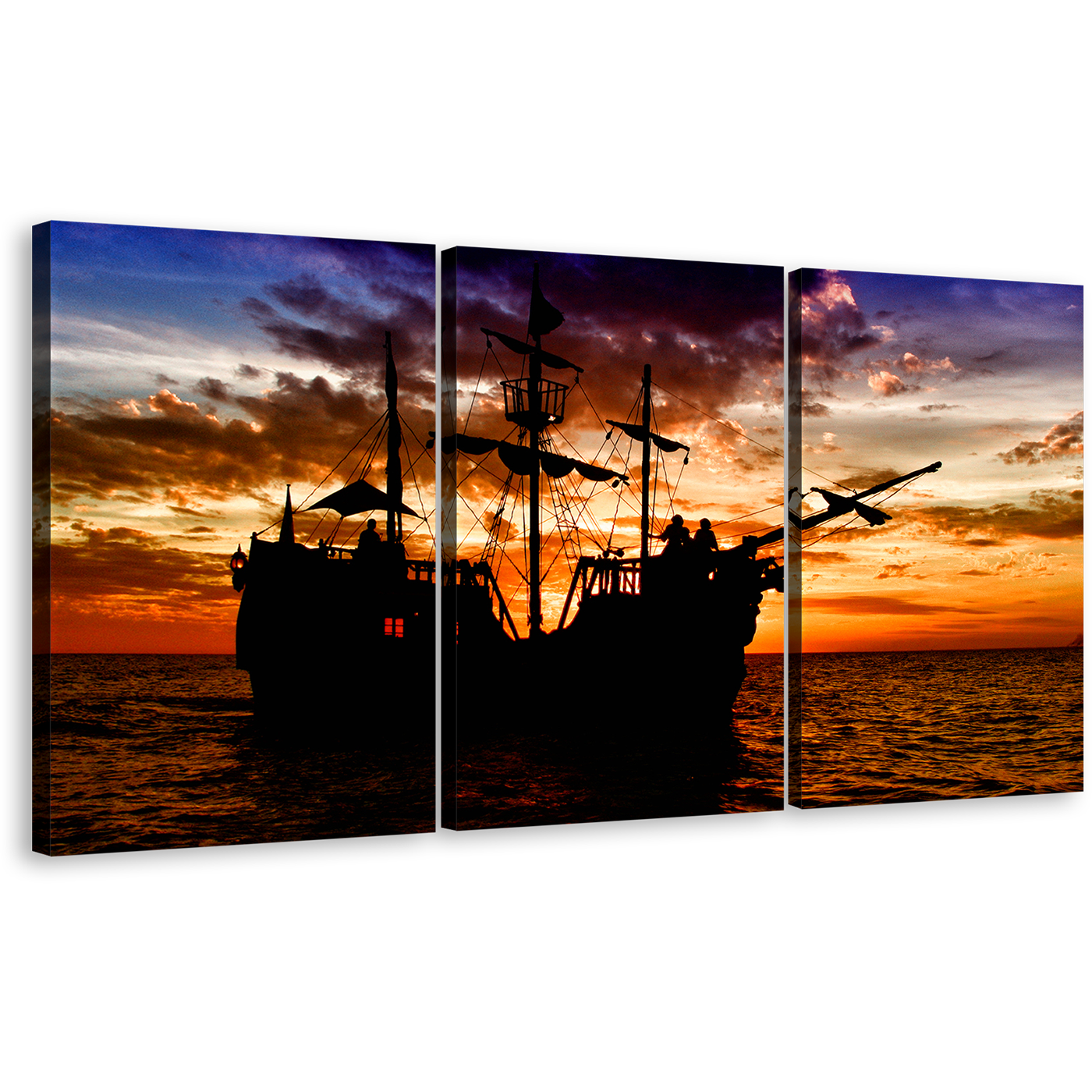 Ocean Boat Wall Art, Pirate Ship Orange Sunset 3 Piece Canvas Print, Amazing Black Boat Triptych Multi Canvas