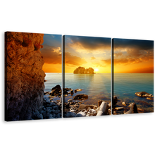 Load image into Gallery viewer, Ocean Boulders Canvas Print, Blue Sea Ocean Rocks 3 Piece Multi Canvas, Yellow Orange Cloudy Sunset Sky Wall Art
