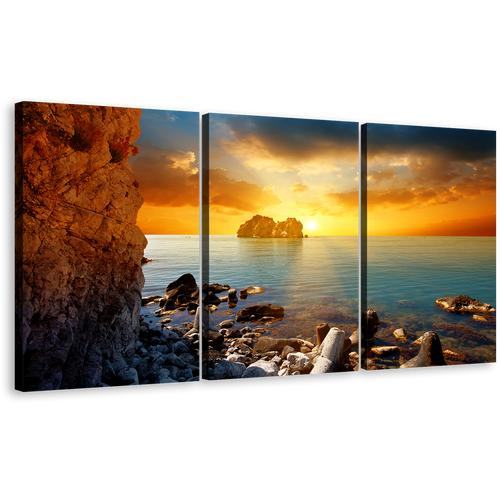 Ocean Boulders Canvas Print, Blue Sea Ocean Rocks 3 Piece Multi Canvas, Yellow Orange Cloudy Sunset Sky Wall Art