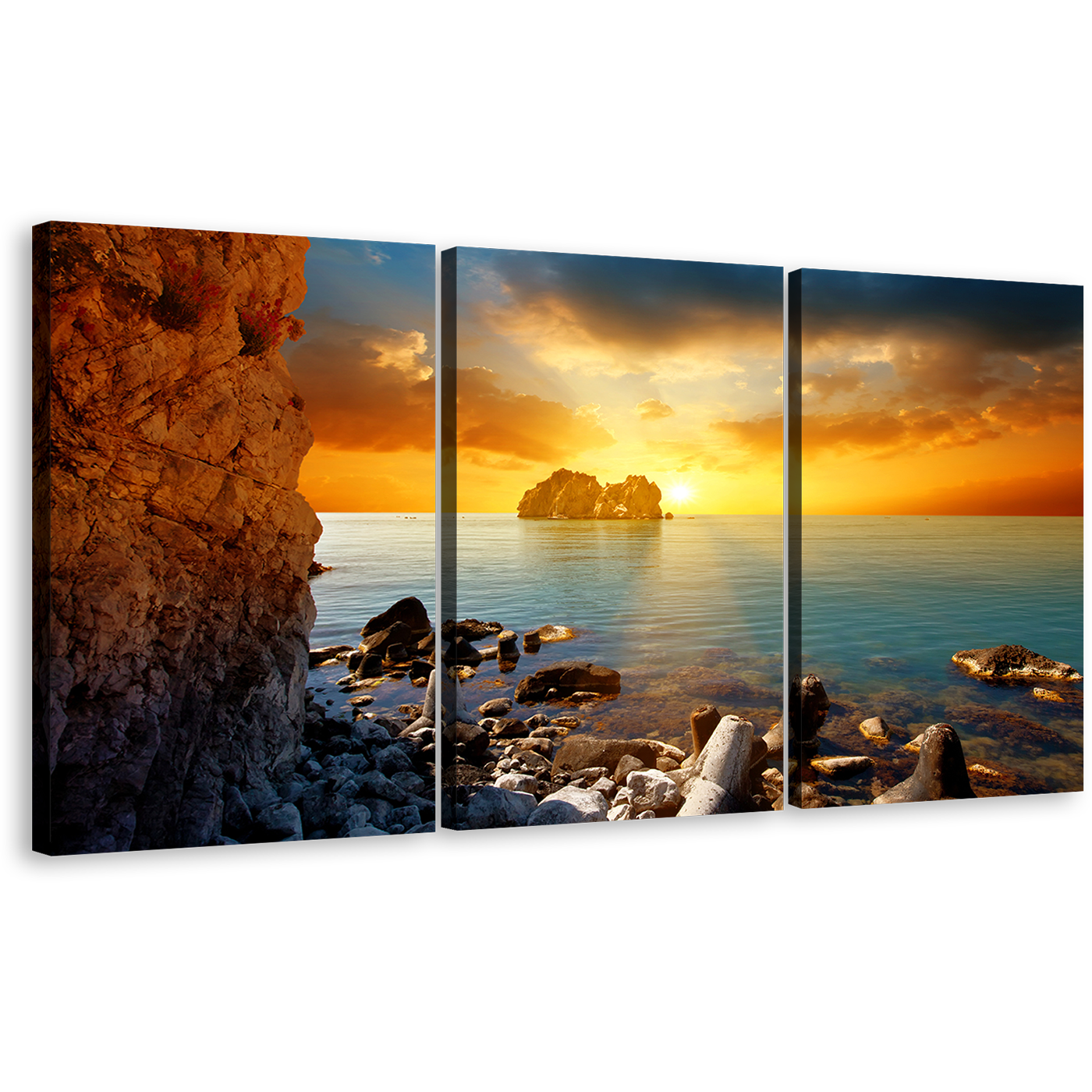 Ocean Boulders Canvas Print, Blue Sea Ocean Rocks 3 Piece Multi Canvas, Yellow Orange Cloudy Sunset Sky Wall Art