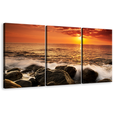 Load image into Gallery viewer, Ocean Boulders Canvas Print, Orange Seascape Waves Multi Canvas, Yellow Sunset Sea Ocean Rocks 3 Piece Canvas Wall Art
