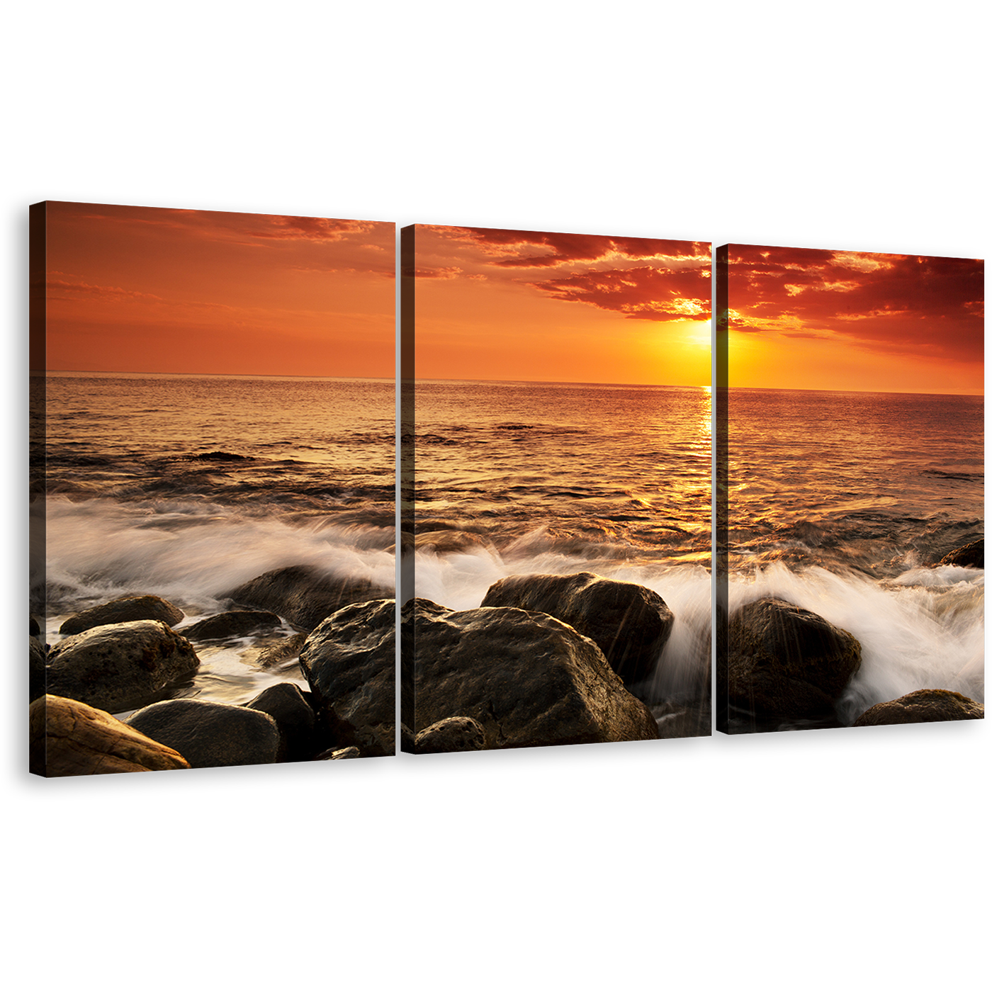 Ocean Boulders Canvas Print, Orange Seascape Waves Multi Canvas, Yellow Sunset Sea Ocean Rocks 3 Piece Canvas Wall Art