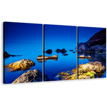 Load image into Gallery viewer, Ocean Boulders Canvas Wall Art, Crimea Ukraine Brown Ocean Rocks 3 Piece Multi Canvas, Blue Ocean Seascape Triptych Canvas Print
