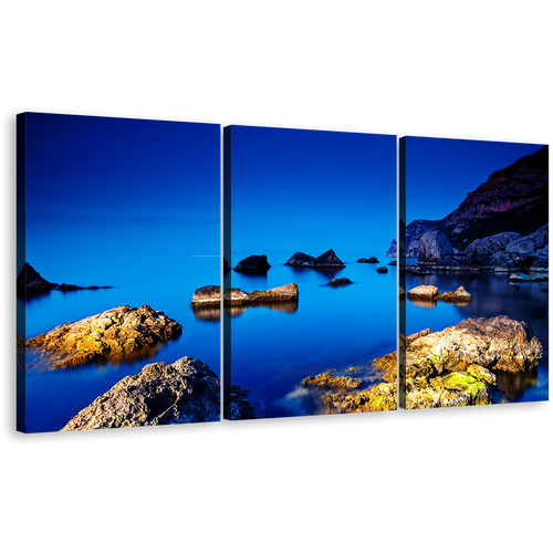 Ocean Boulders Canvas Wall Art, Crimea Ukraine Brown Ocean Rocks 3 Piece Multi Canvas, Blue Ocean Seascape Triptych Canvas Print