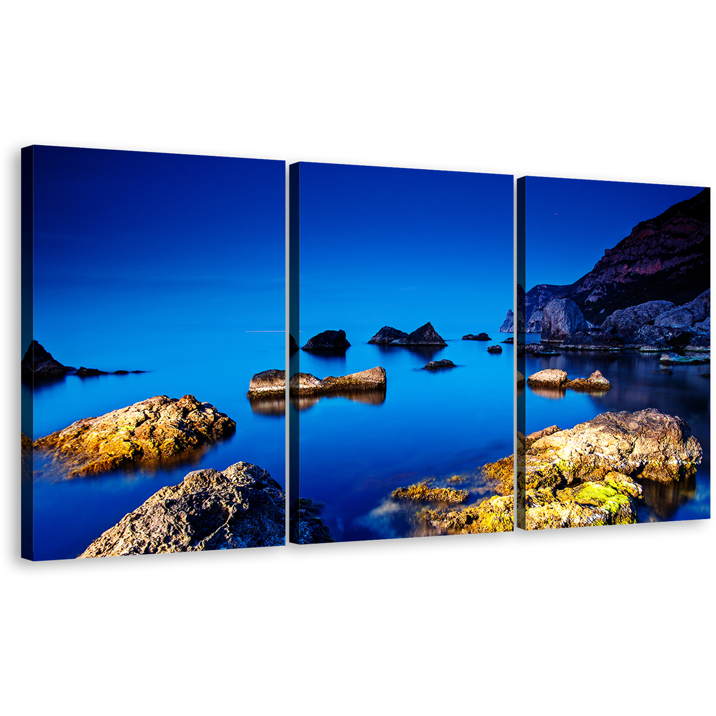 Ocean Boulders Canvas Wall Art, Crimea Ukraine Brown Ocean Rocks 3 Piece Multi Canvas, Blue Ocean Seascape Triptych Canvas Print