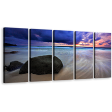 Load image into Gallery viewer, Ocean Boulders Canvas Wall Art, Dramatic Blue Cloudy Sunset Sky Multi Canvas, Thailand Grey Ocean Rocks Beach 5 Piece Canvas Print
