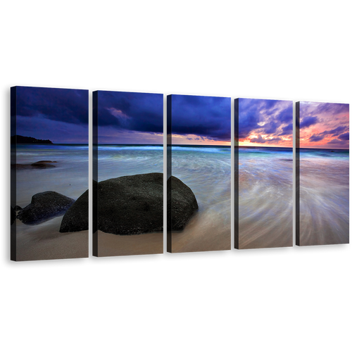 Ocean Boulders Canvas Wall Art, Dramatic Blue Cloudy Sunset Sky Multi Canvas, Thailand Grey Ocean Rocks Beach 5 Piece Canvas Print