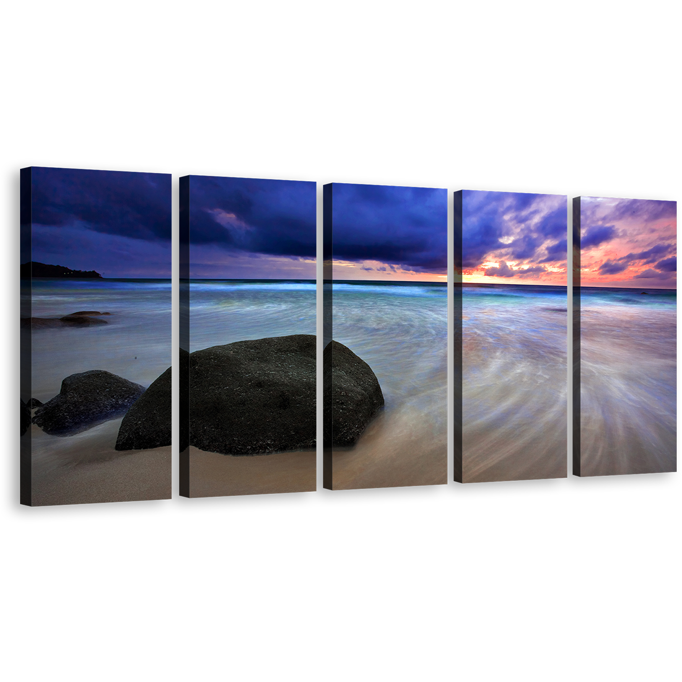 Ocean Boulders Canvas Wall Art, Dramatic Blue Cloudy Sunset Sky Multi Canvas, Thailand Grey Ocean Rocks Beach 5 Piece Canvas Print