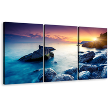 Load image into Gallery viewer, Ocean Boulders Canvas Wall Art, Dramatic Yellow Sunset Sky Canvas Print, Crimea Ukraine Blue Ocean Rocks 3 Piece Canvas Set
