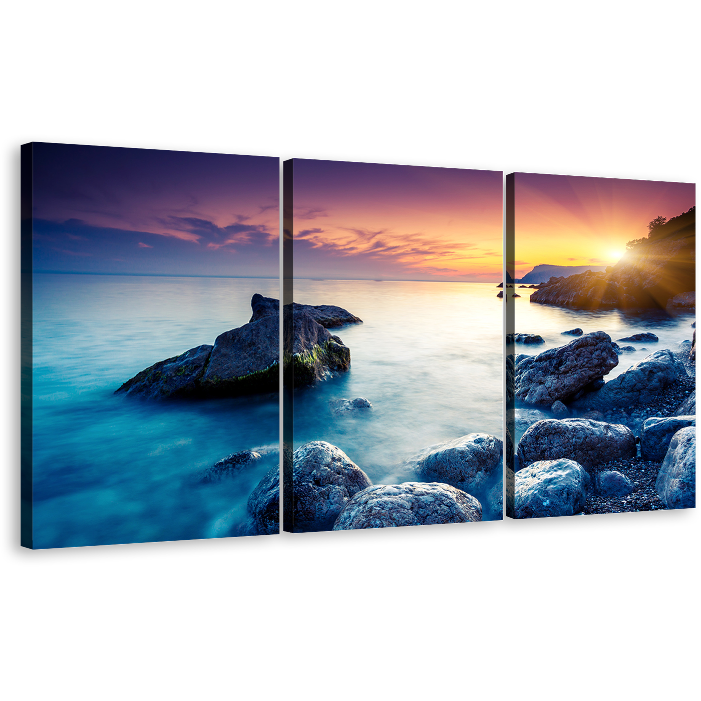 Ocean Boulders Canvas Wall Art, Dramatic Yellow Sunset Sky Canvas Print, Crimea Ukraine Blue Ocean Rocks 3 Piece Canvas Set