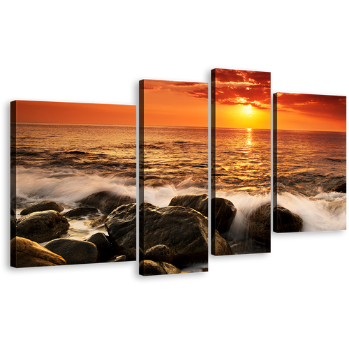 Ocean Boulders Canvas Wall Art, Orange Seascape Waves Canvas Set, Yellow Sunset Sea Ocean Rocks 4 Piece Canvas Print