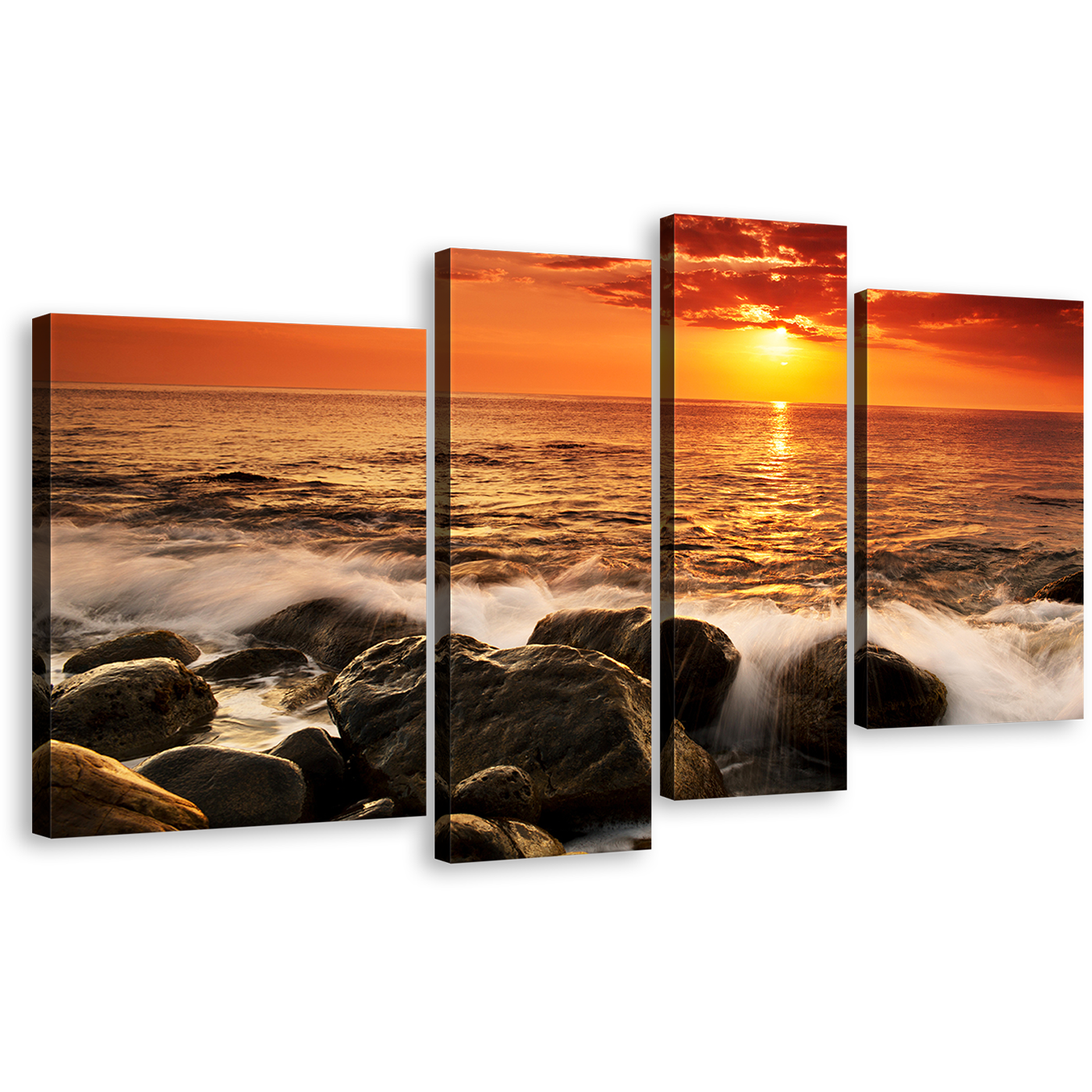 Ocean Boulders Canvas Wall Art, Orange Seascape Waves Canvas Set, Yellow Sunset Sea Ocean Rocks 4 Piece Canvas Print