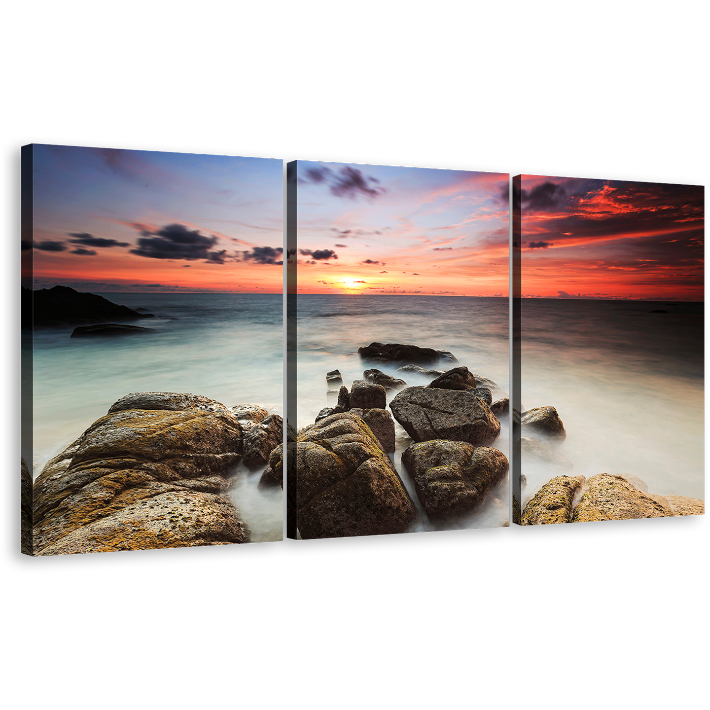 Ocean Boulders Canvas Wall Art, Yellow Red Cloudy Sky Ocean Canvas Set, Brown Ocean Rocks Beach 3 Piece Canvas Print