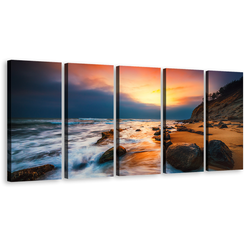 Ocean Boulders Canvas Wall Art, Yellow Sunset Seascape Multiple Canvas, Brown Ocean Rocks 5 Piece Canvas Print