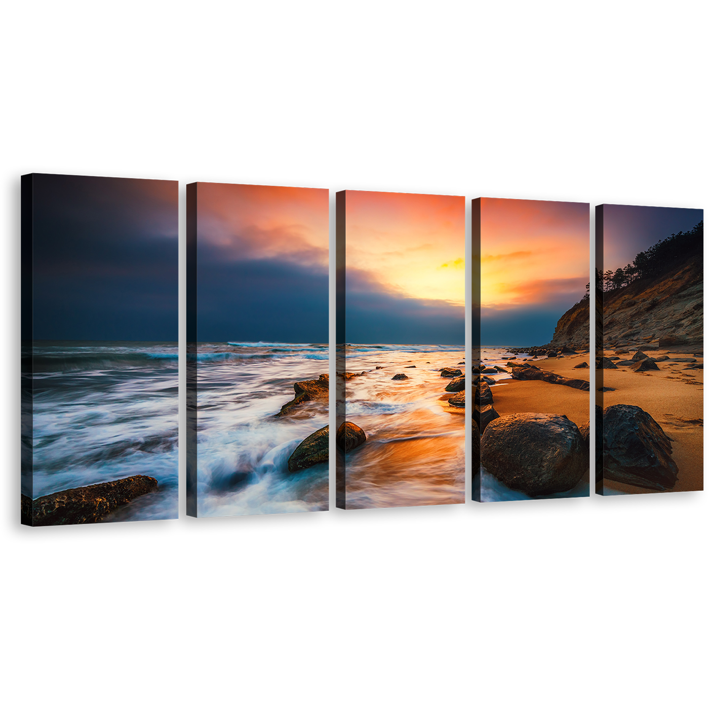 Ocean Boulders Canvas Wall Art, Yellow Sunset Seascape Multiple Canvas, Brown Ocean Rocks 5 Piece Canvas Print