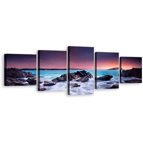 Ocean Boulders Wall Art, Australian Brown Beach Ocean Rocks Multiple Canvas, Beautiful Blue Sea 5 Piece Canvas Print