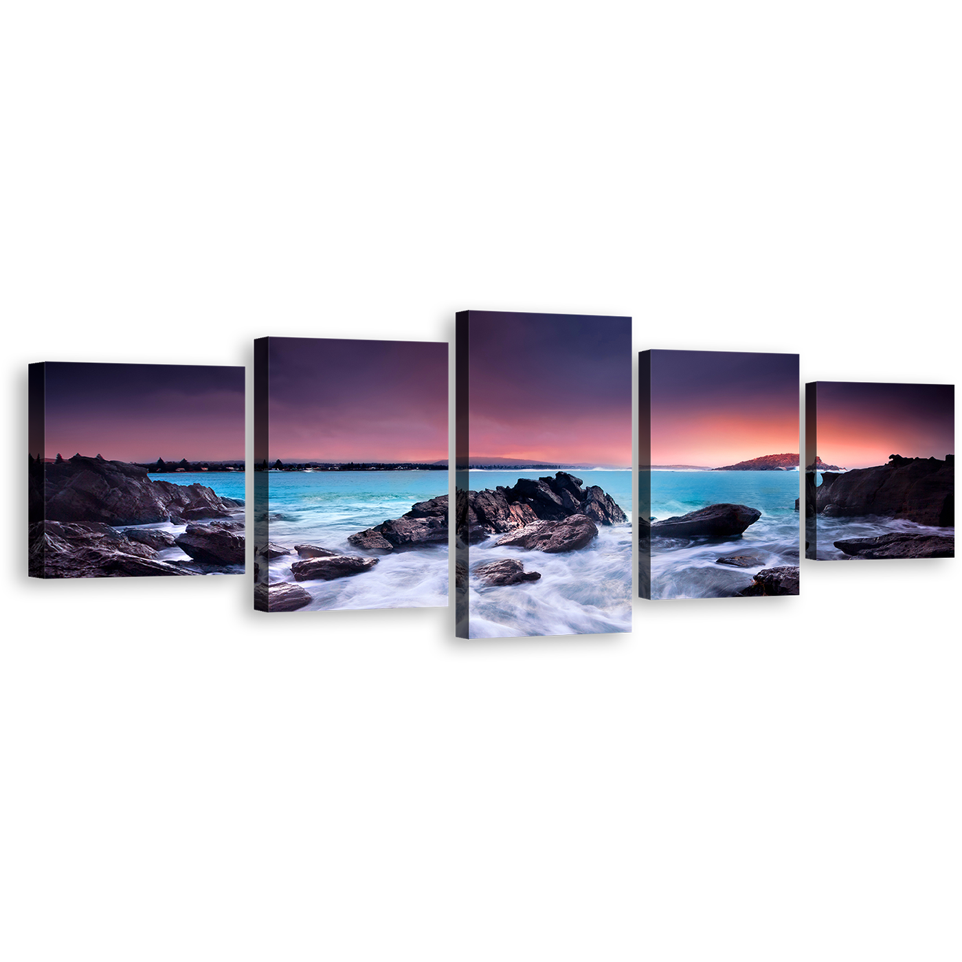 Ocean Boulders Wall Art, Australian Brown Beach Ocean Rocks Multiple Canvas, Beautiful Blue Sea 5 Piece Canvas Print