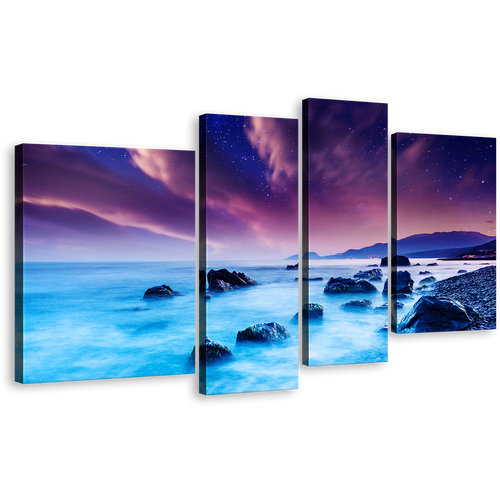 Ocean Boulders Wall Art, Dramatic Purple Overcast Sunset Sky Canvas Set, Rimea Ukraine Blue Ocean Rocks 4 Piece Canvas Print