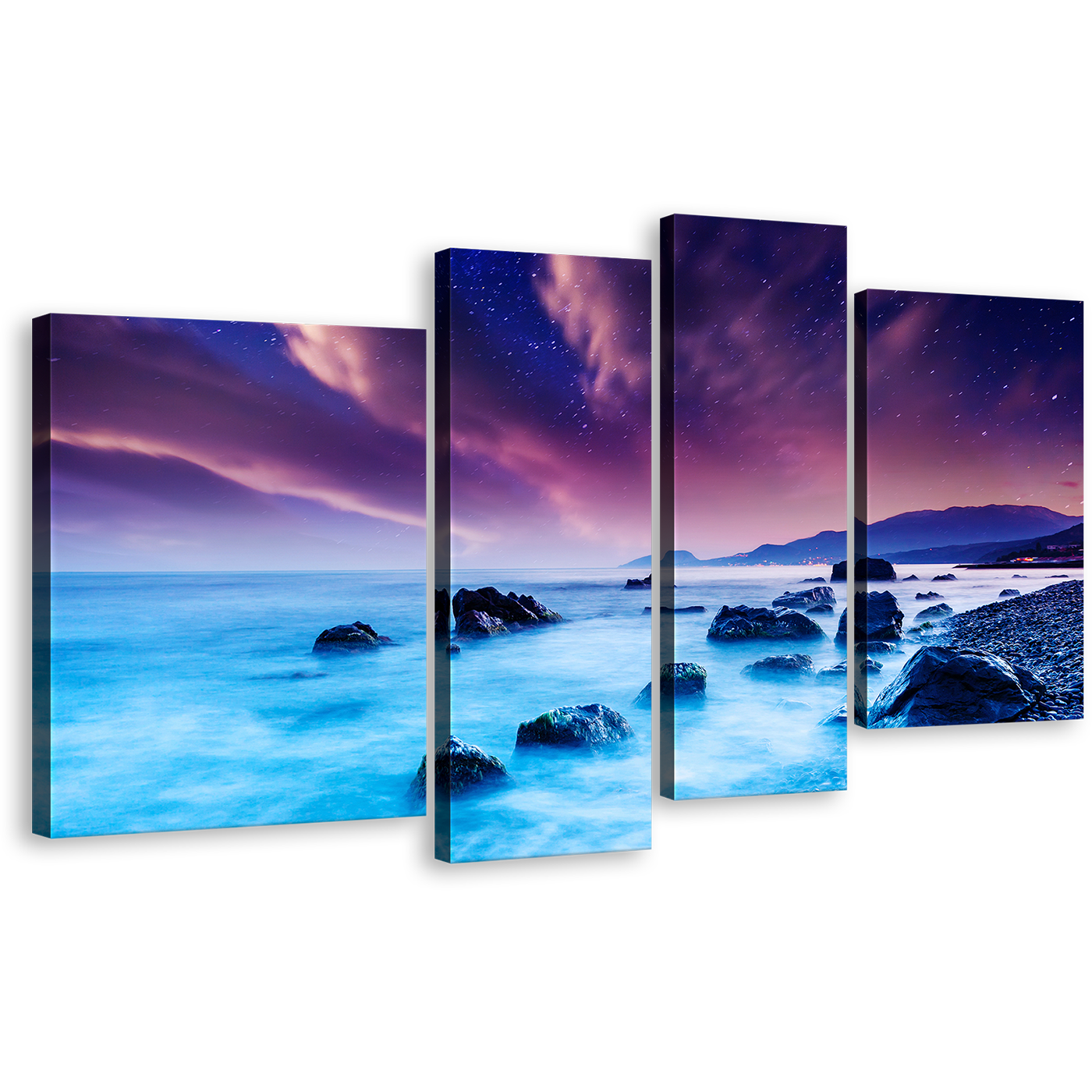 Ocean Boulders Wall Art, Dramatic Purple Overcast Sunset Sky Canvas Set, Rimea Ukraine Blue Ocean Rocks 4 Piece Canvas Print