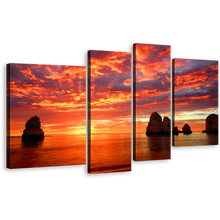 Load image into Gallery viewer, Ocean Boulders Wall Art, Yellow Sunset Ocean Rocks Multiple Canvas, Orange Cloudy Sky Seascape 4 Piece Canvas Print
