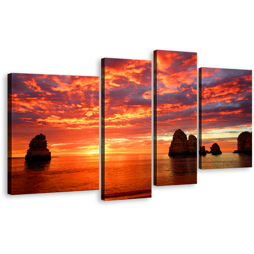 Ocean Boulders Wall Art, Yellow Sunset Ocean Rocks Multiple Canvas, Orange Cloudy Sky Seascape 4 Piece Canvas Print