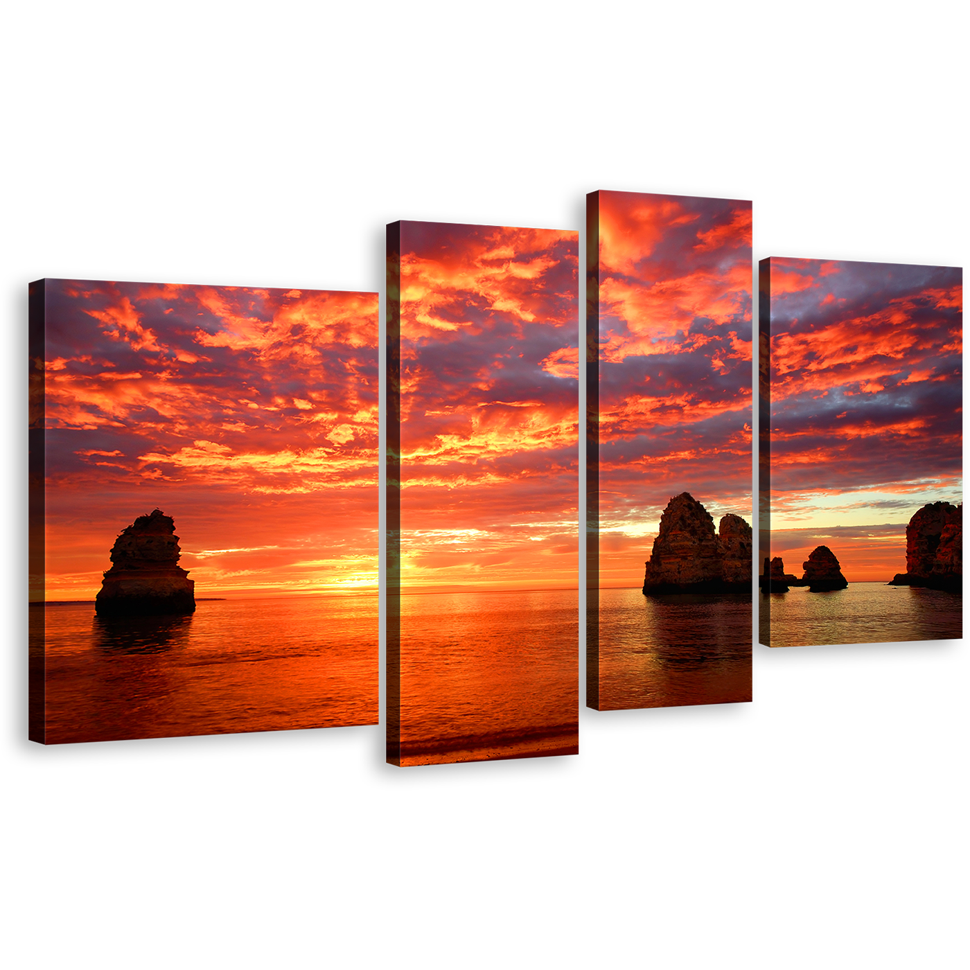 Ocean Boulders Wall Art, Yellow Sunset Ocean Rocks Multiple Canvas, Orange Cloudy Sky Seascape 4 Piece Canvas Print