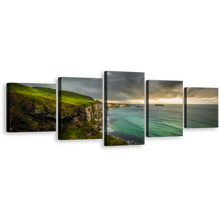 Load image into Gallery viewer, Ocean Clouds Canvas Wall Art, Green Coastline Sea Multiple Canvas, Yellow Sky Ballintoy Ocean 5 Piece Canvas Print
