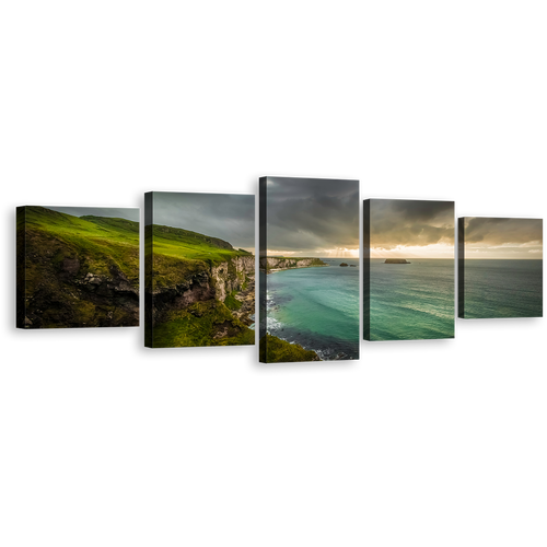 Ocean Clouds Canvas Wall Art, Green Coastline Sea Multiple Canvas, Yellow Sky Ballintoy Ocean 5 Piece Canvas Print