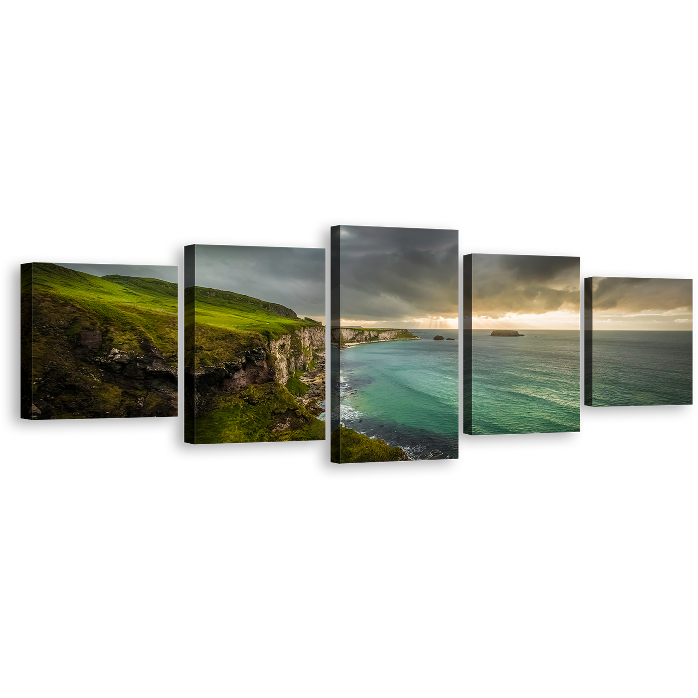 Ocean Clouds Canvas Wall Art, Green Coastline Sea Multiple Canvas, Yellow Sky Ballintoy Ocean 5 Piece Canvas Print