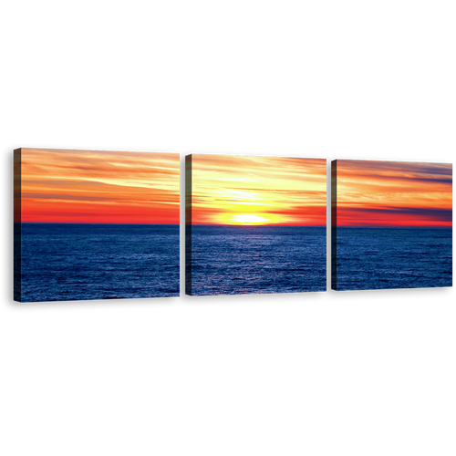 Ocean Clouds Canvas Wall Art, Orange Yellow Sunset Ocean Canvas Print, Dramatic Blue Sea Waves 3 Piece Canvas Set