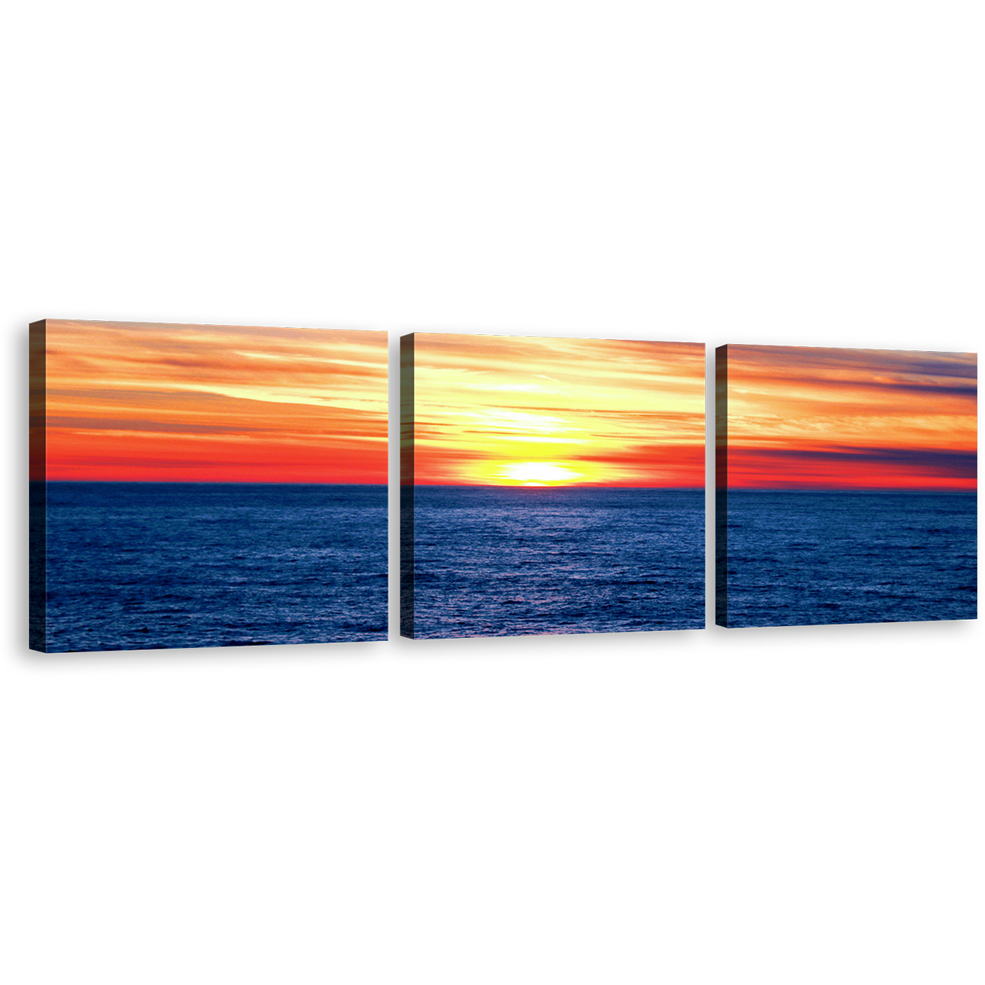 Ocean Clouds Canvas Wall Art, Orange Yellow Sunset Ocean Canvas Print, Dramatic Blue Sea Waves 3 Piece Canvas Set