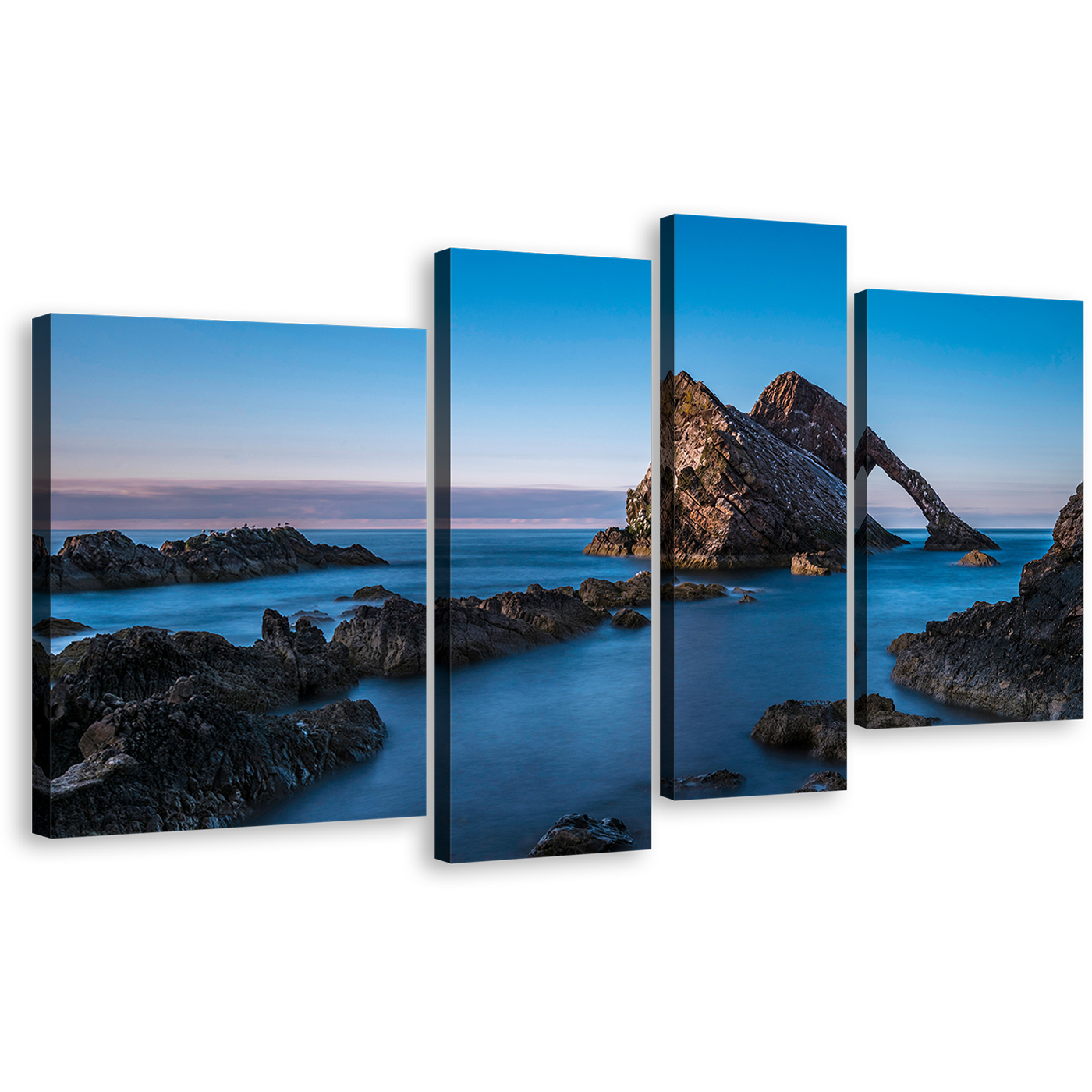 Ocean Coast Canvas Wall Art, Brown Ocean Rocks 4 Piece Canvas Set, Blue Sky Bow Fiddle Canvas Print