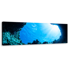 Load image into Gallery viewer, Ocean Deep Canvas Print, White Sunbeam Cave Wall Art, Blue Ocean Seascape Sunlight Panoramic Wall Art
