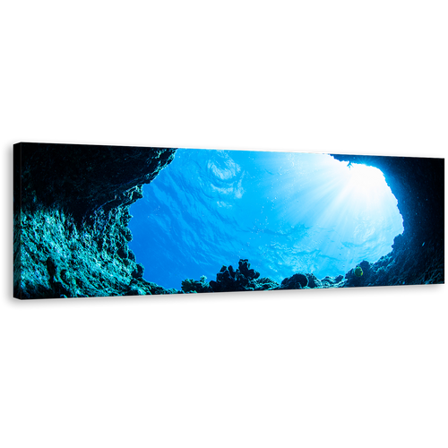 Ocean Deep Canvas Print, White Sunbeam Cave Wall Art, Blue Ocean Seascape Sunlight Panoramic Wall Art