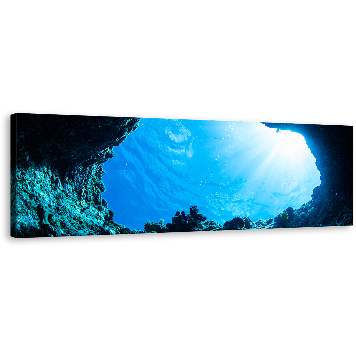 Ocean Deep Canvas Print, White Sunbeam Cave Wall Art, Blue Ocean Seascape Sunlight Panoramic Wall Art