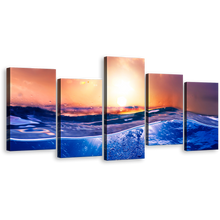 Load image into Gallery viewer, Ocean Deep Canvas Wall Art, Beautiful Tropical Orange Sunset 5 Piece Canvas, Deep Blue Water Canvas Print
