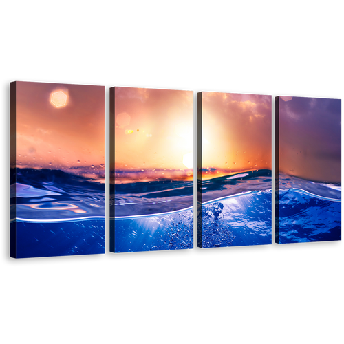 Ocean Deep Canvas Wall Art, Beautiful Tropical Orange Sunset Canvas Print, Deep Blue Water 4 Piece Canvas