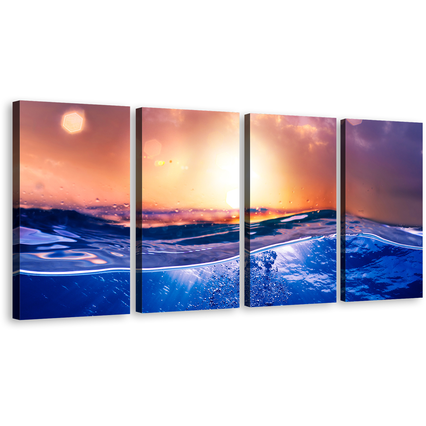 Ocean Deep Canvas Wall Art, Beautiful Tropical Orange Sunset Canvas Print, Deep Blue Water 4 Piece Canvas