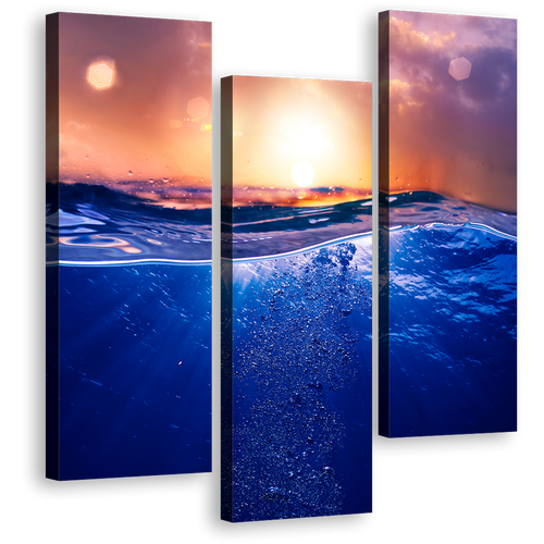 Ocean Deep Canvas Wall Art, Deep Blue Water Triptych Canvas Set, Beautiful Tropical Orange Sunset 3 Piece Canvas Print