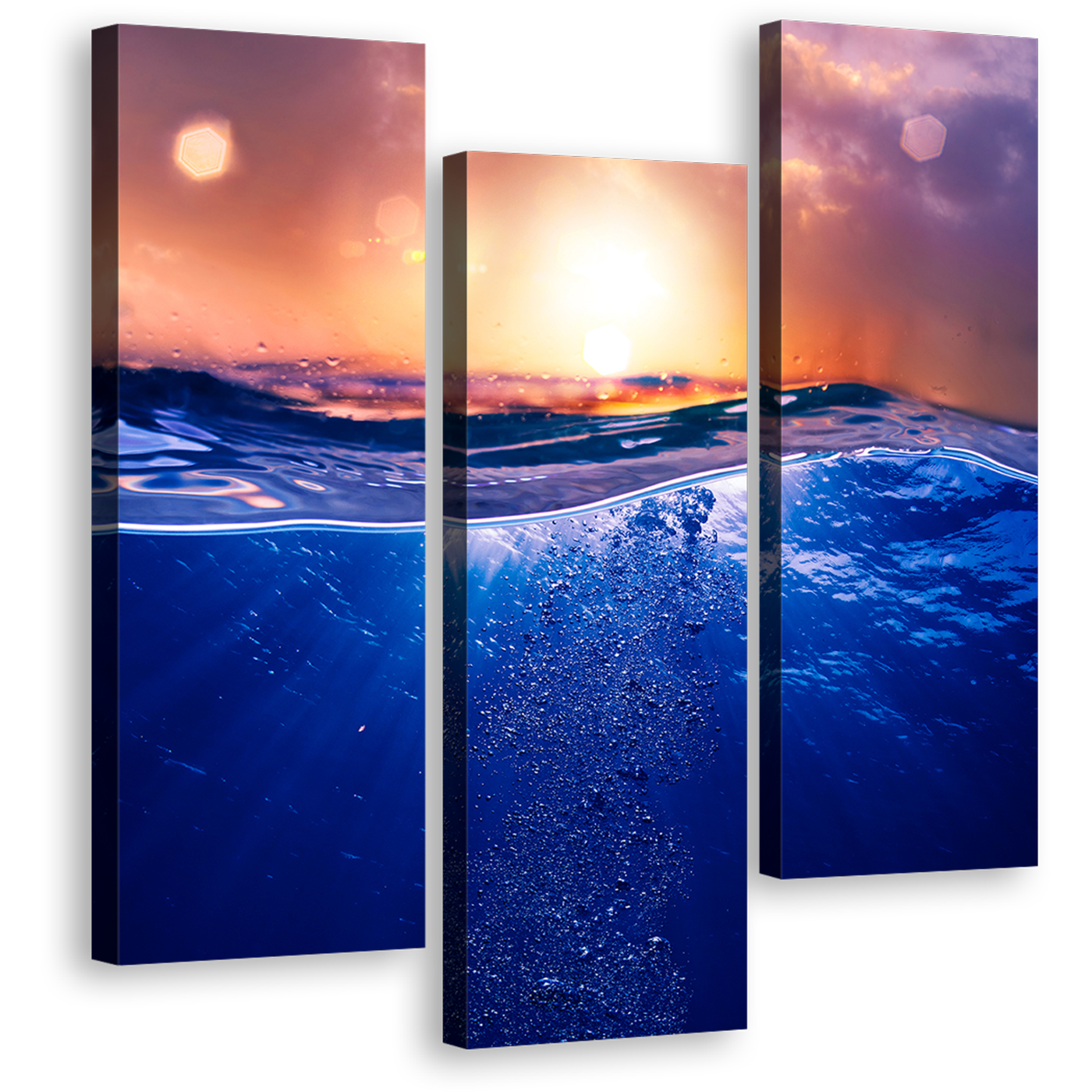 Ocean Deep Canvas Wall Art, Deep Blue Water Triptych Canvas Set, Beautiful Tropical Orange Sunset 3 Piece Canvas Print