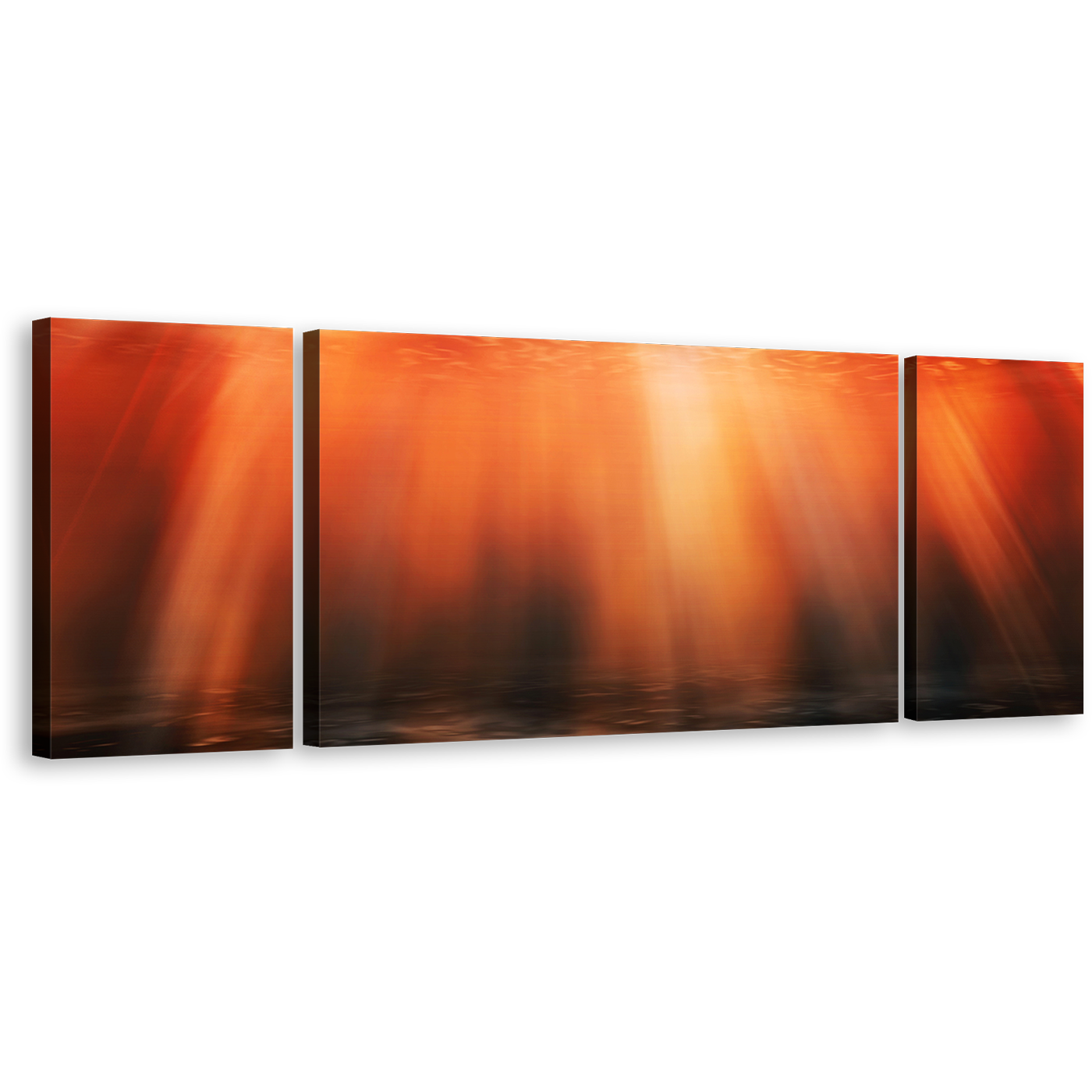 Ocean Deep Canvas Wall Art, Underwater Red Orange Sunbeam 3 Piece Canvas Print