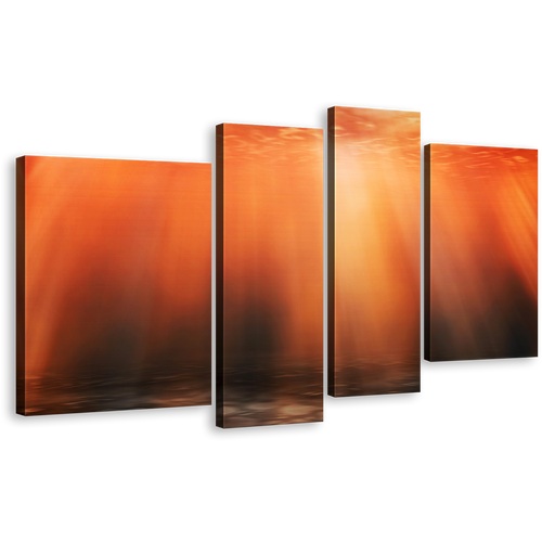 Ocean Deep Canvas Wall Art, Underwater Red Orange Sunbeam 4 Piece Canvas Print