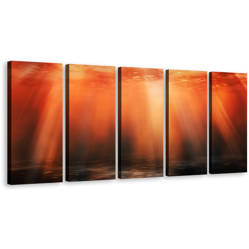 Ocean Deep Canvas Wall Art, Underwater Red Orange Sunbeam 5 Piece Canvas Print