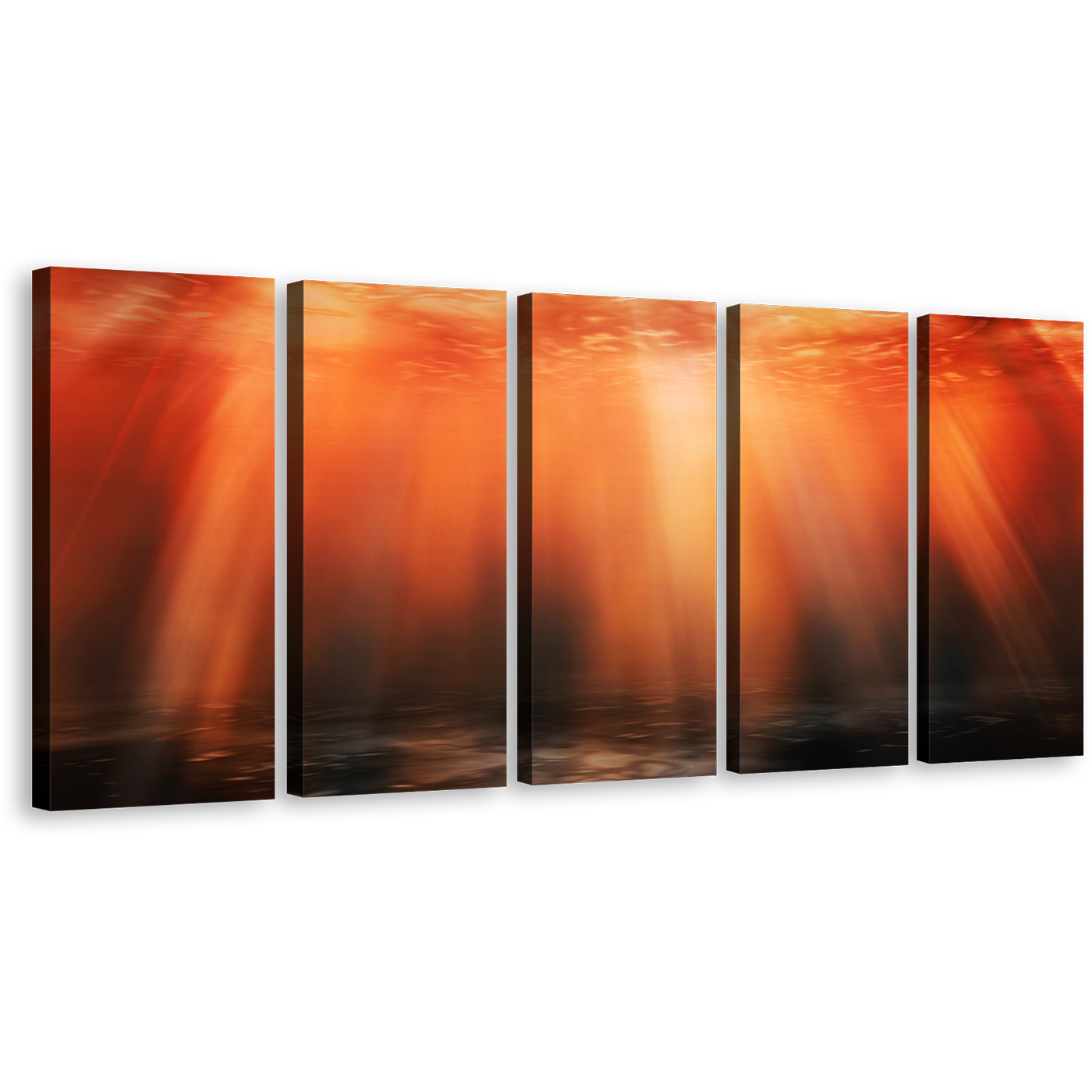 Ocean Deep Canvas Wall Art, Underwater Red Orange Sunbeam 5 Piece Canvas Print