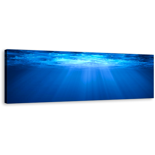 Ocean Deep Wall Art, Blue Ocean Underwater Sunlight Canvas Print, White Sunbeams Through Water Panoramic Canvas Art